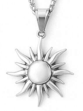 Silver Sunburst Pendant Necklace 24” - Stainless Steel Celestial Sun Charm 1.5”